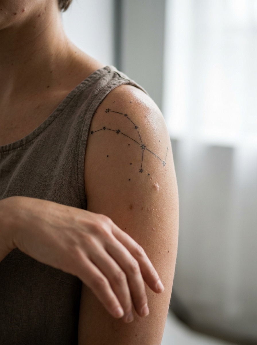 Fine-line constellation tattoo scattered across the shoulder cap