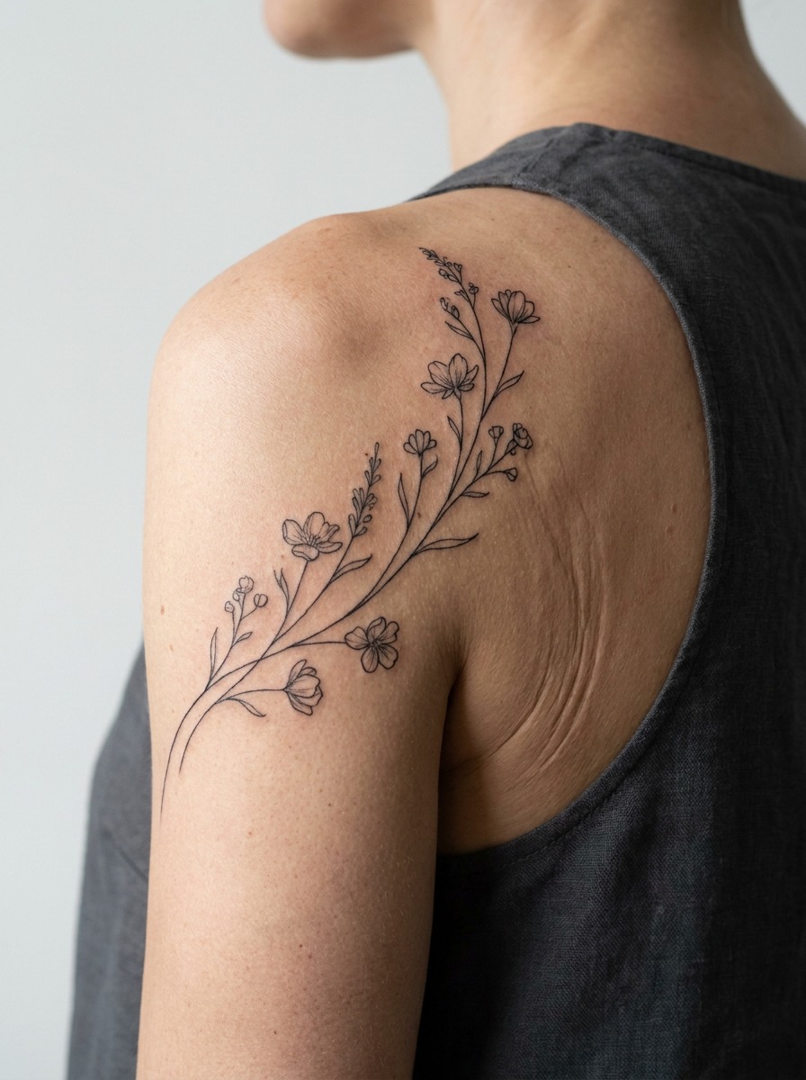 Fine-line floral tattoo curving naturally over the deltoid