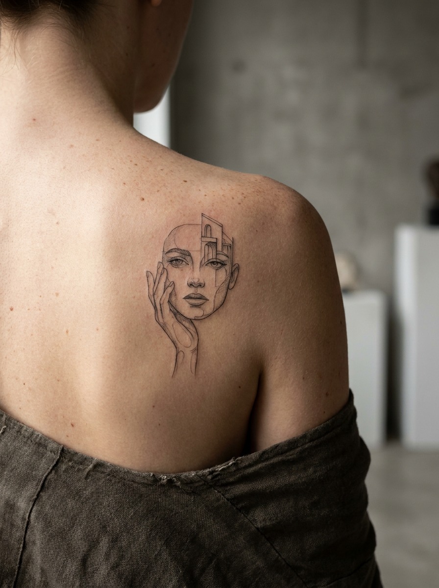 Fine-line portrait tattoo positioned on the flatter shoulder blade