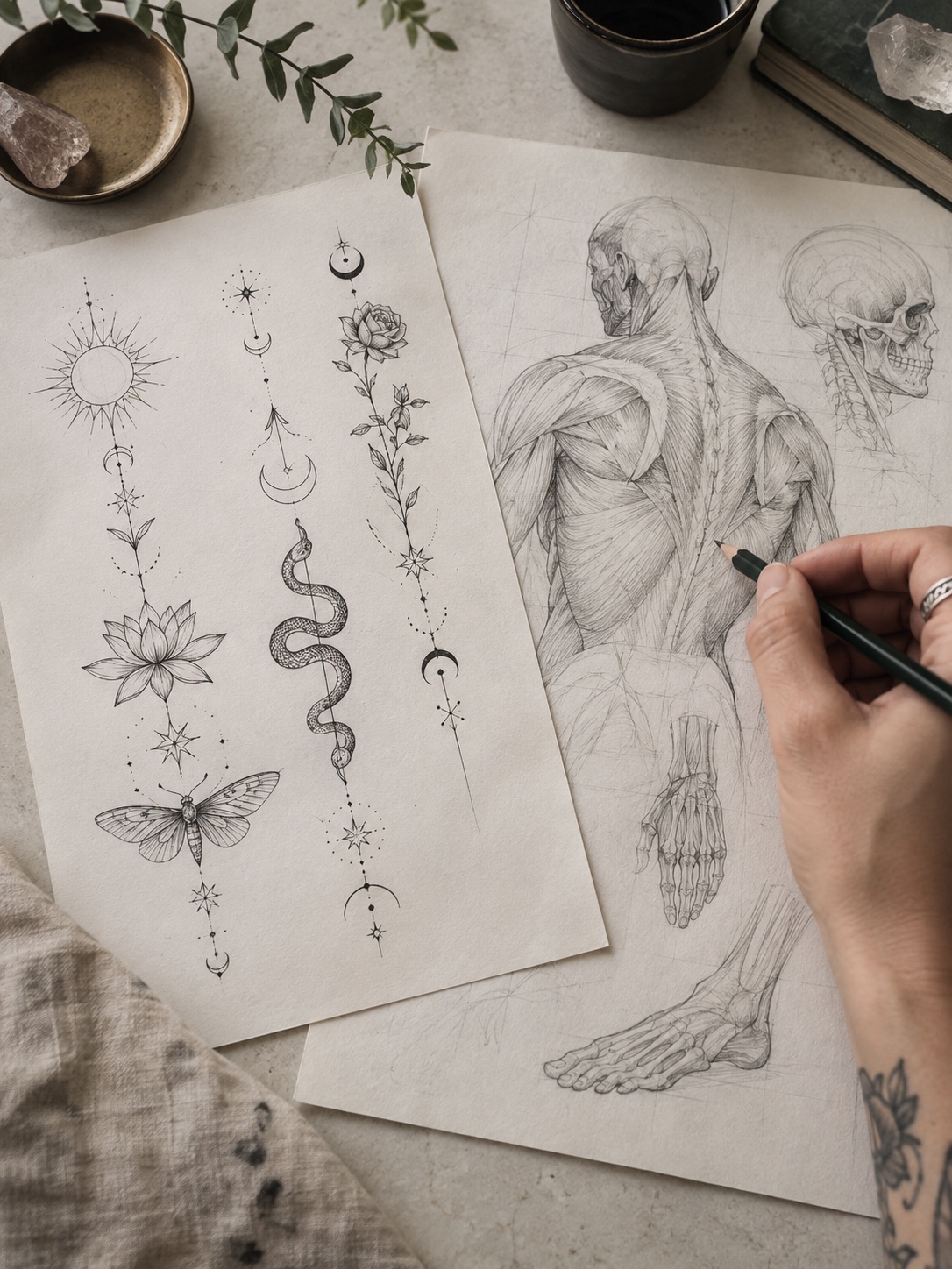 Tattoo stencil and anatomy sketch Fine line stencil designs beside a pencil study of human anatomy. | Sky Rye Design Fine line stencil designs beside a pencil study of human anatomy.