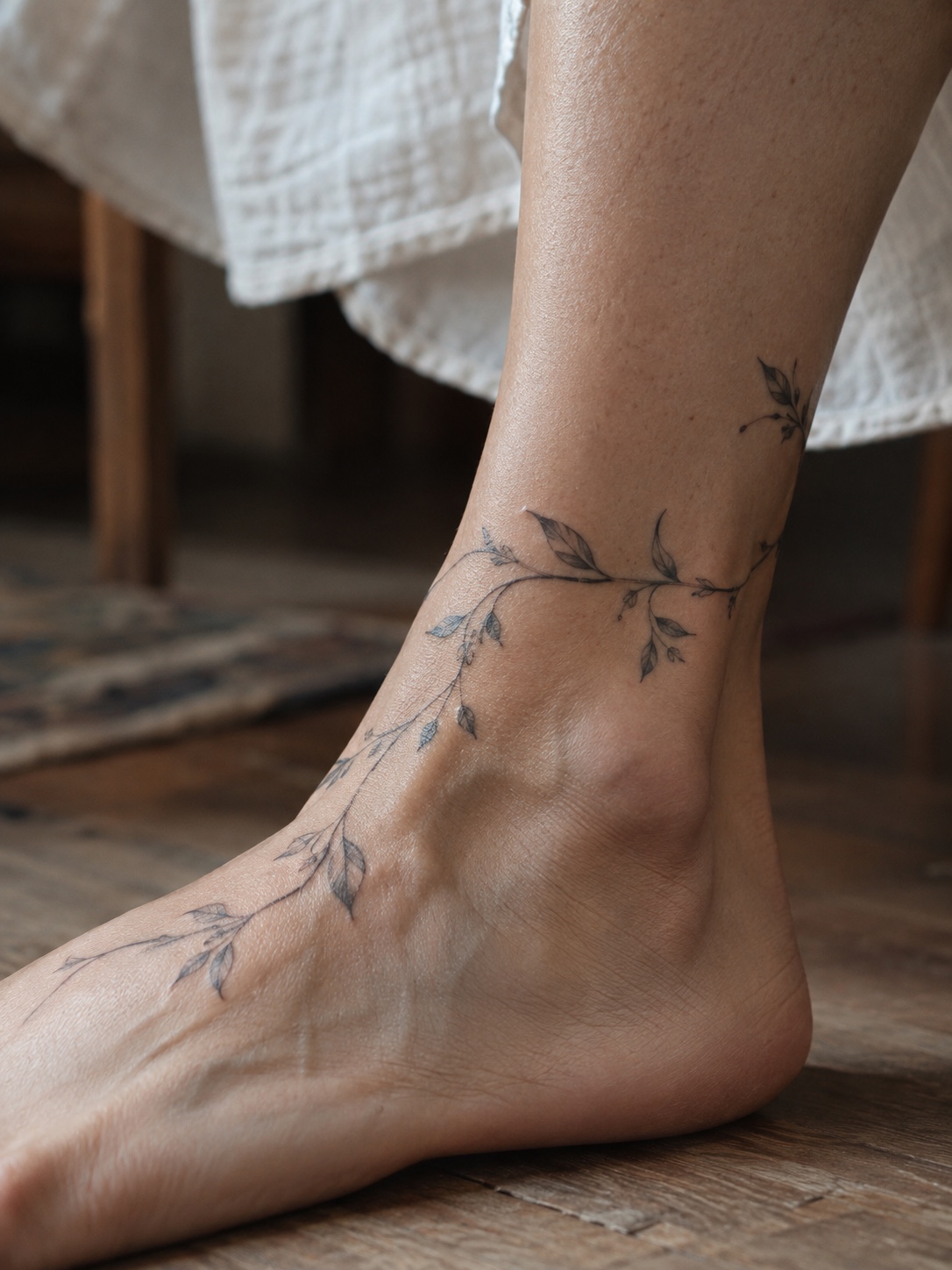 Fine line vine around the ankle A delicate vine tattoo wraps around the ankle | Sky Rye Design A delicate vine tattoo wraps around the ankle