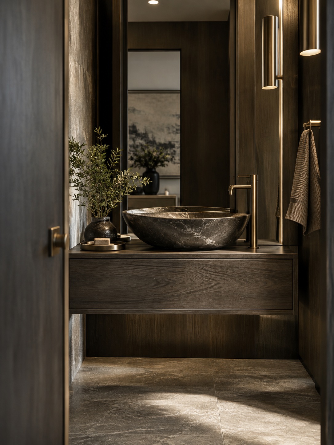 Powder room with a sculptural vessel sink and smoked oak floating vanity