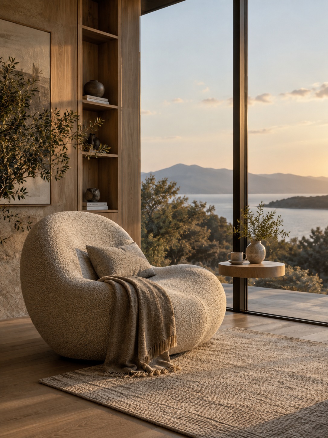 Curved lounge chair in a modern reading nook with a glass wall