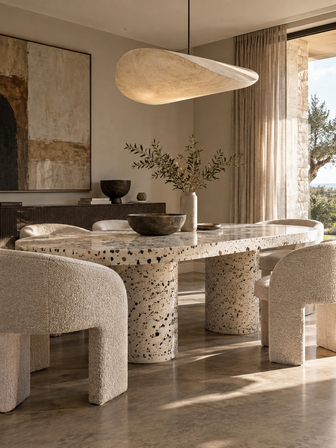 Terrazzo dining table with curved boucle chairs and sculptural pendant lighting