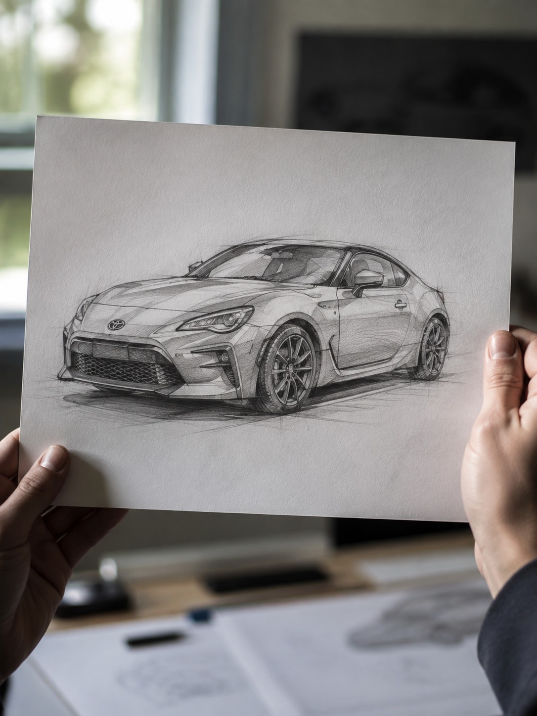 Finished graphite Toyota sketch review A finished graphite Toyota car sketch held near a window so the pencil sheen and paper texture are visible. | Sky Rye Design A finished graphite Toyota car sketch held near a window so the pencil sheen and paper texture are visible.
