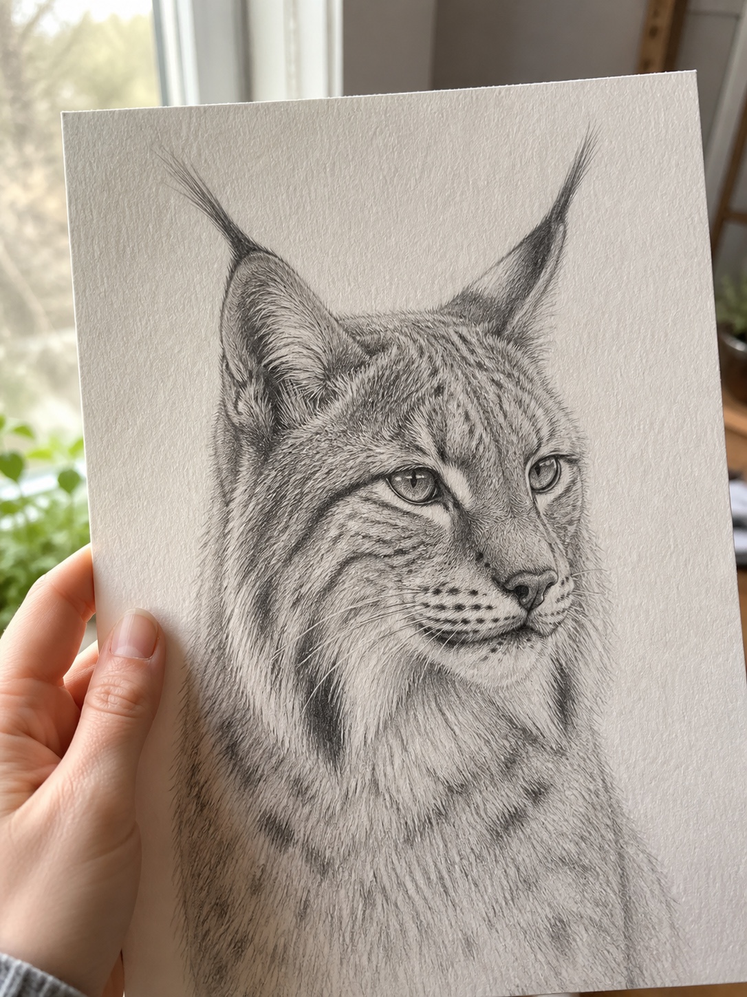 Hand holding a finished lynx sketch against natural window light, showing paper texture and pencil sheen.