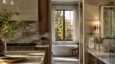 finished modern kitchen and bathroom showing the result of proper utility planning