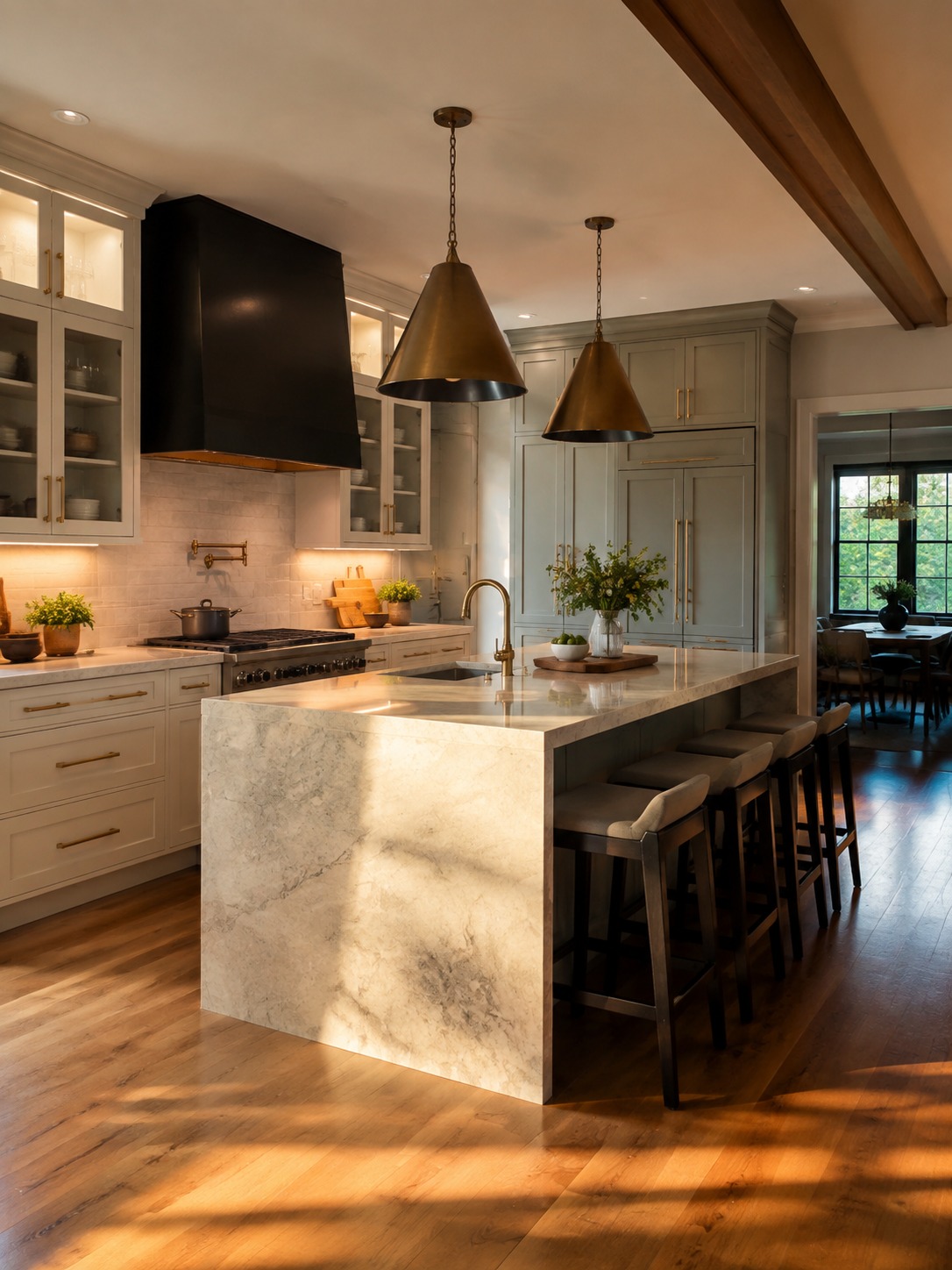 Finished modern kitchen after a cohesive remodel finished modern kitchen with painted cabinets task lighting and island clearance | Sky Rye Design finished modern kitchen with painted cabinets task lighting and island clearance