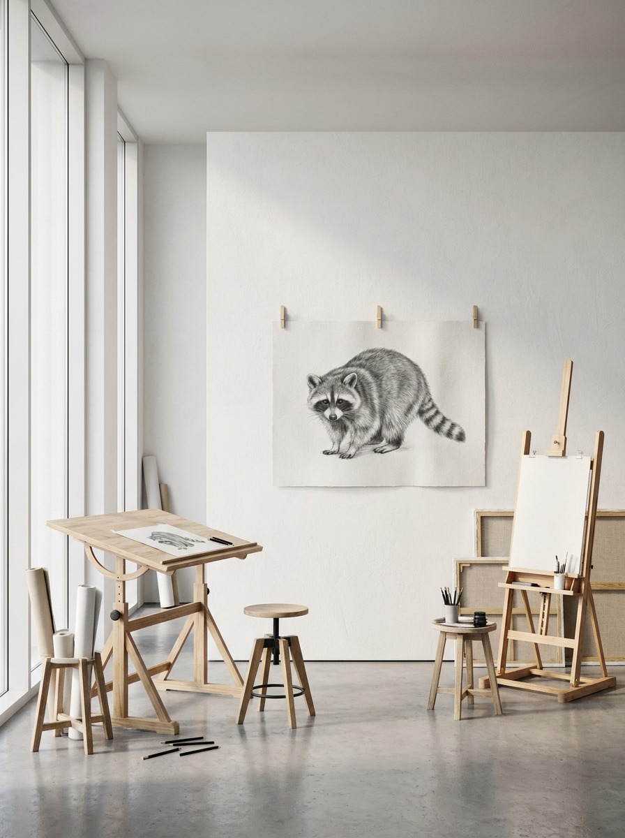 Finished graphite raccoon drawing pinned to a minimalist studio wall