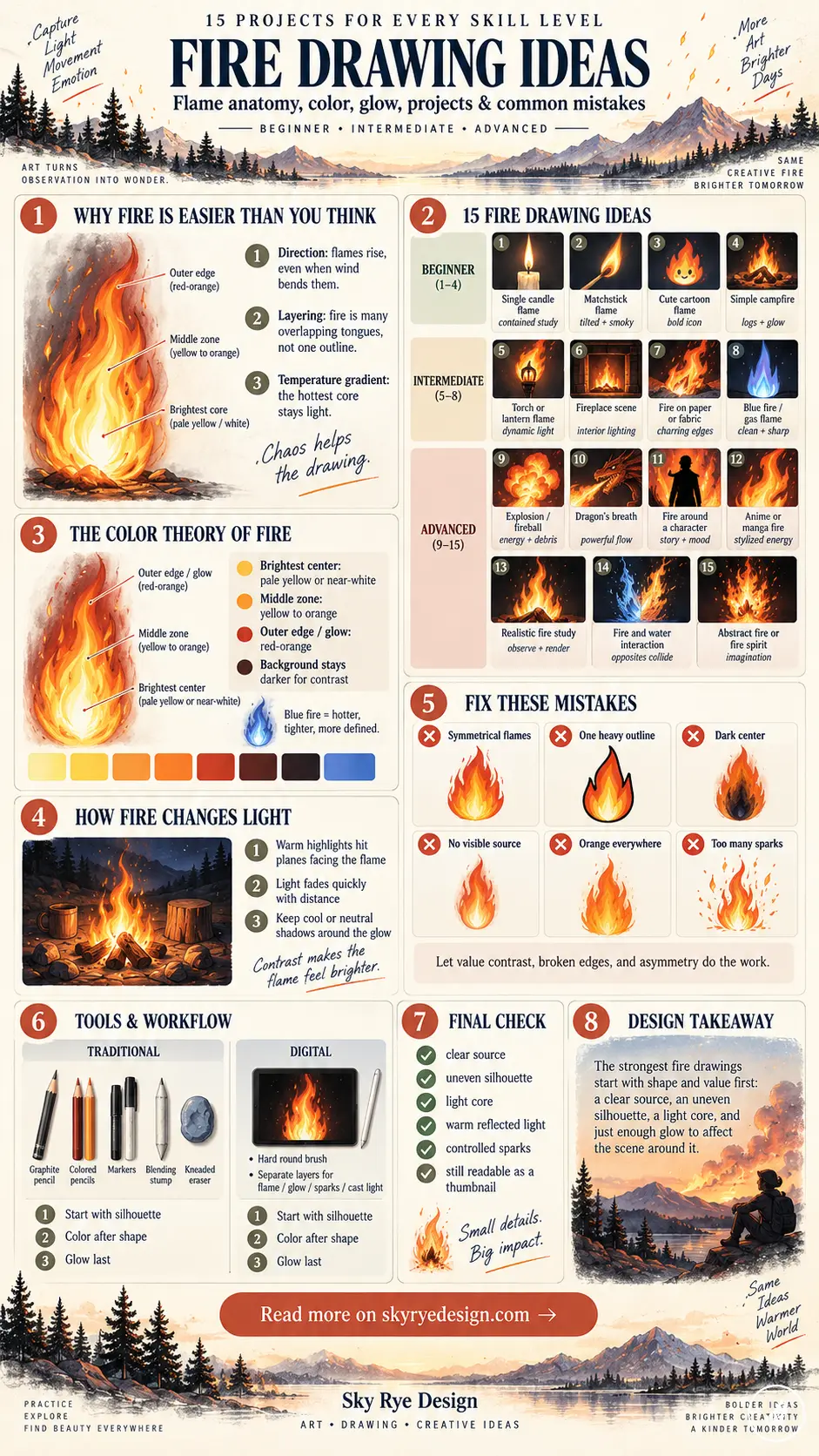 Infographic titled 15 Fire Drawing Ideas covering flame anatomy, color theory, lighting effects, mistakes to fix, and tools