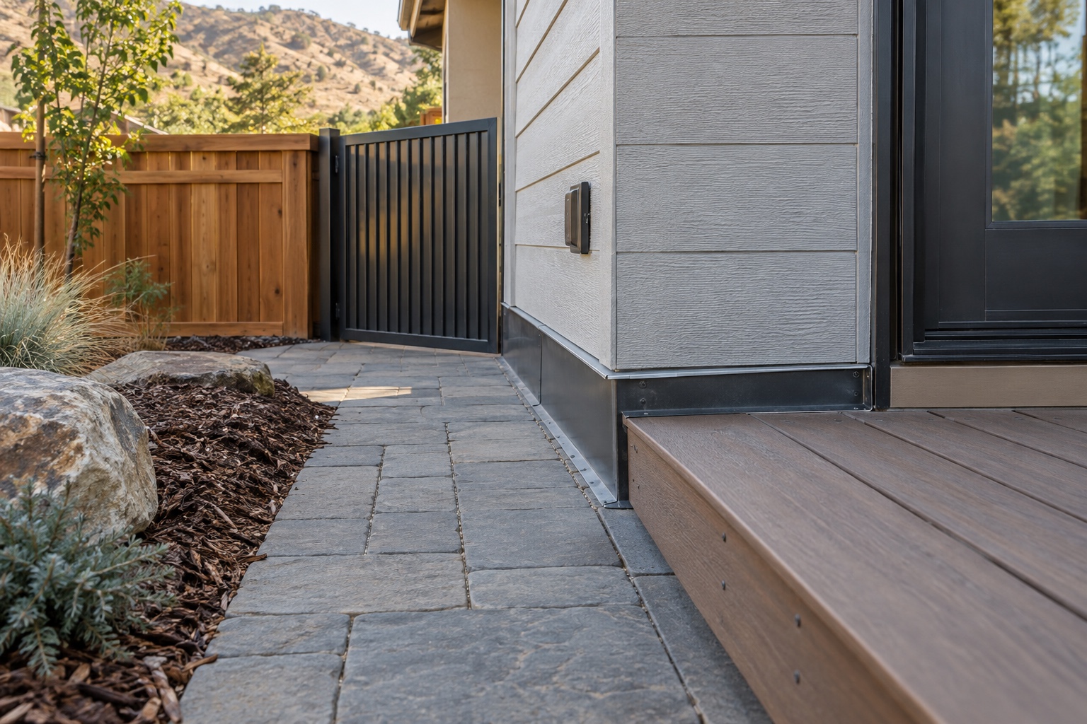 Noncombustible paver strip, metal wall-base flashing and a steel gate separating a wood fence from the house