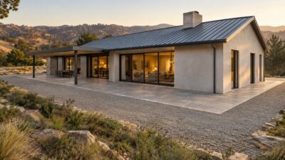 Contemporary fire-resistant house with a metal roof, mineral walls and a five-foot noncombustible perimeter
