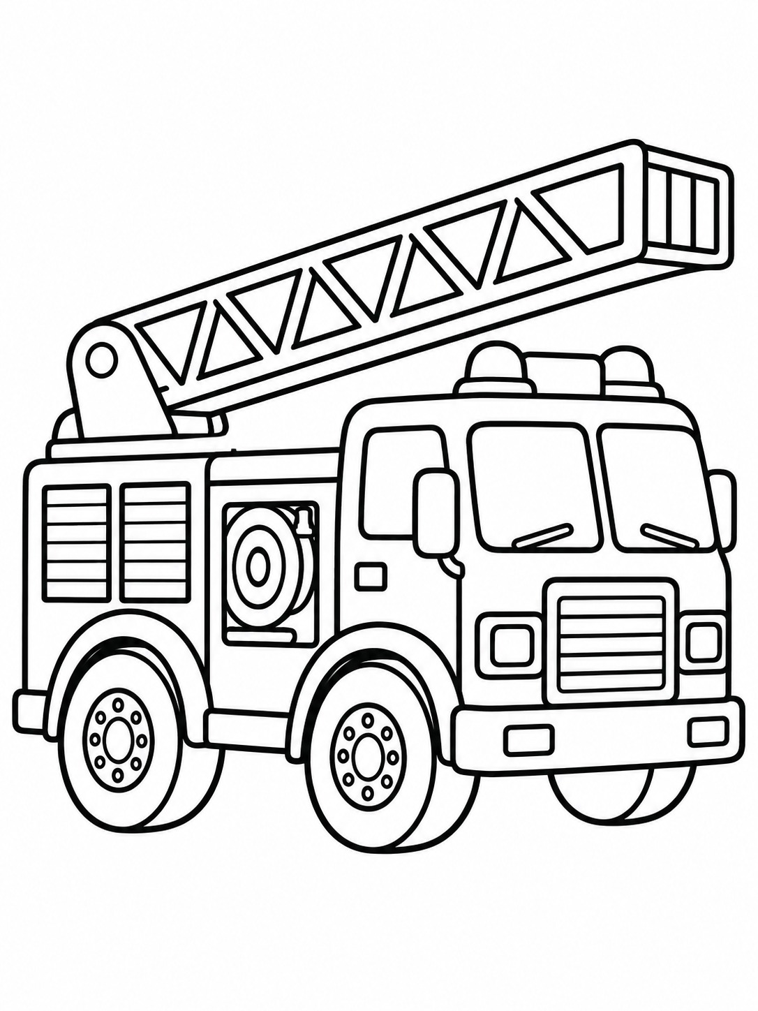 Fire truck ladder coloring page Fire truck with a large raised ladder, bold wheels, and simple rectangular panels. | Sky Rye Design Fire truck with a large raised ladder, bold wheels, and simple rectangular panels.