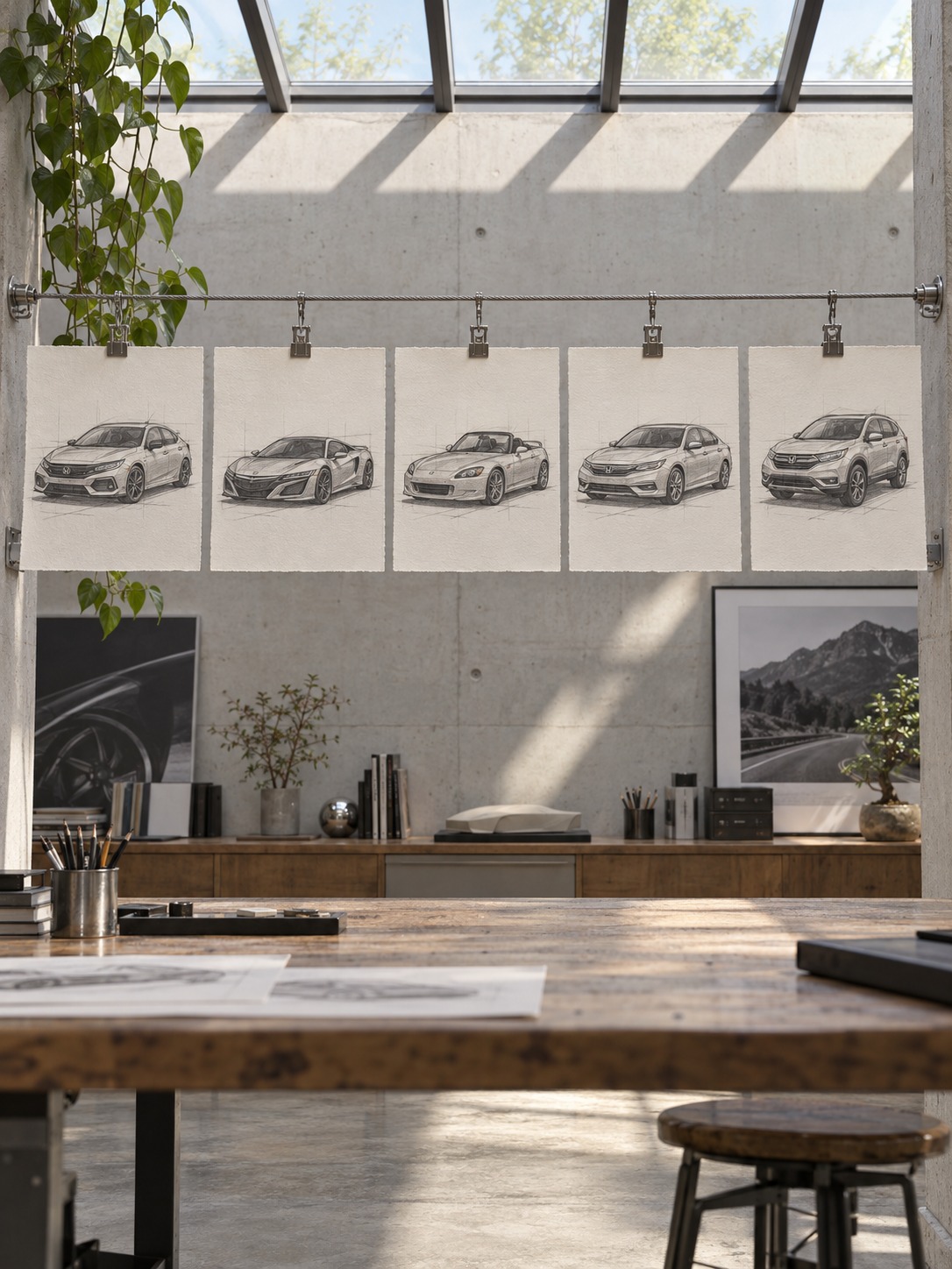 Five finished Honda model sketches clipped to a steel wire display in a design studio.