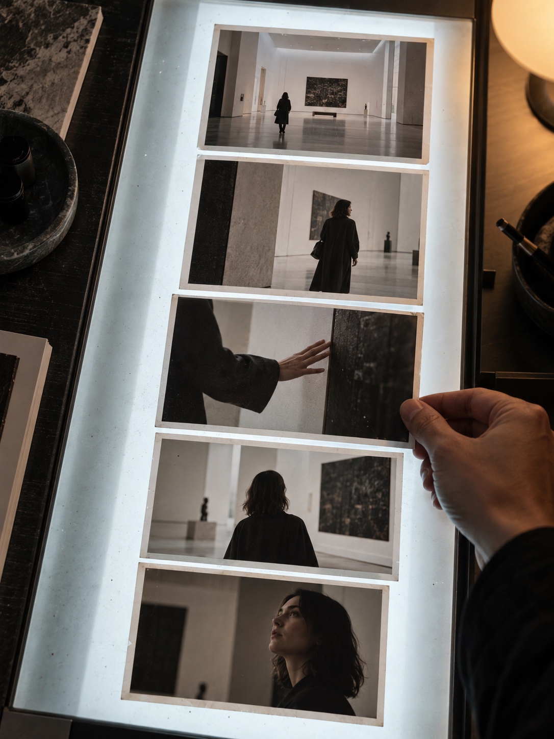 Five-shot cinematic sequence contact sheet Five printed film stills showing a wide shot, movement, detail, perspective, and reaction on a light table. | Sky Rye Design Five printed film stills showing a wide shot, movement, detail, perspective, and reaction on a light table.