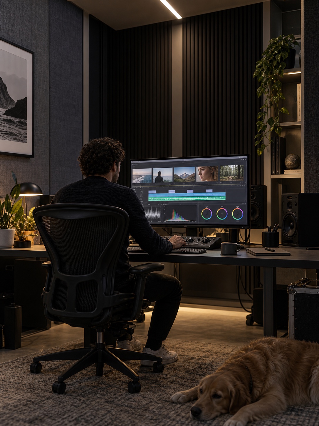 Editing a five-shot video sequence Editor shaping a five-shot sequence on a calibrated display in a quiet modern post-production room. | Sky Rye Design Editor shaping a five-shot sequence on a calibrated display in a quiet modern post-production room.