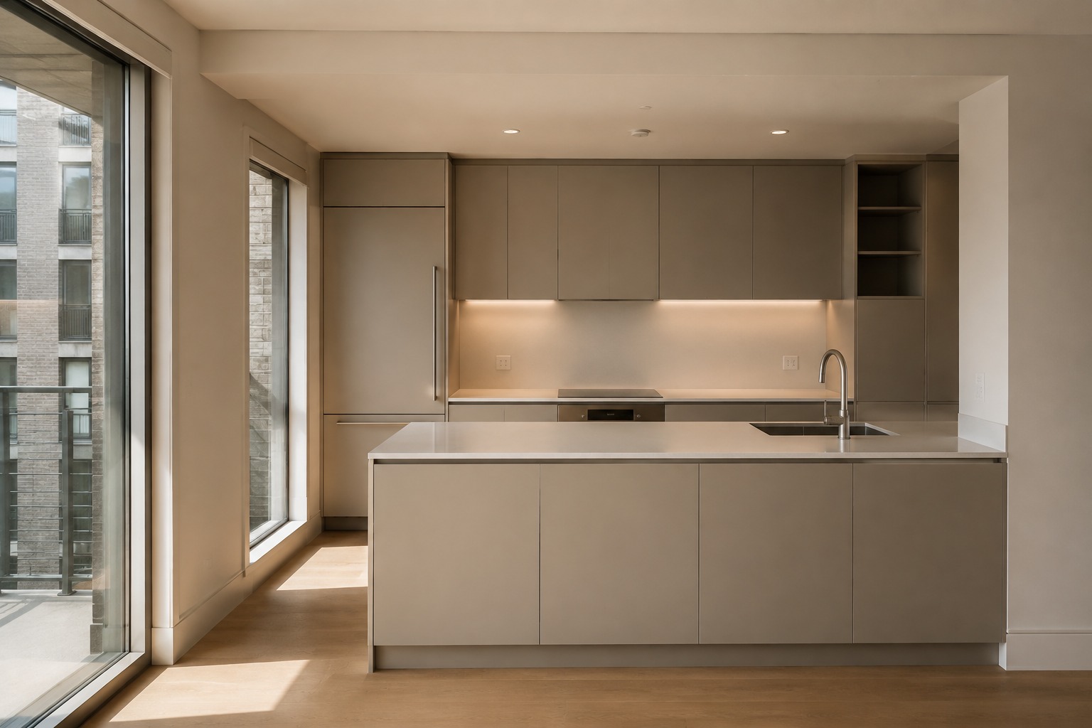 Flat Front Modern Apartment Kitchen Modern apartment kitchen with flat-front cabinetry and clear counters | Sky Rye Design Modern apartment kitchen with flat-front cabinetry and clear counters
