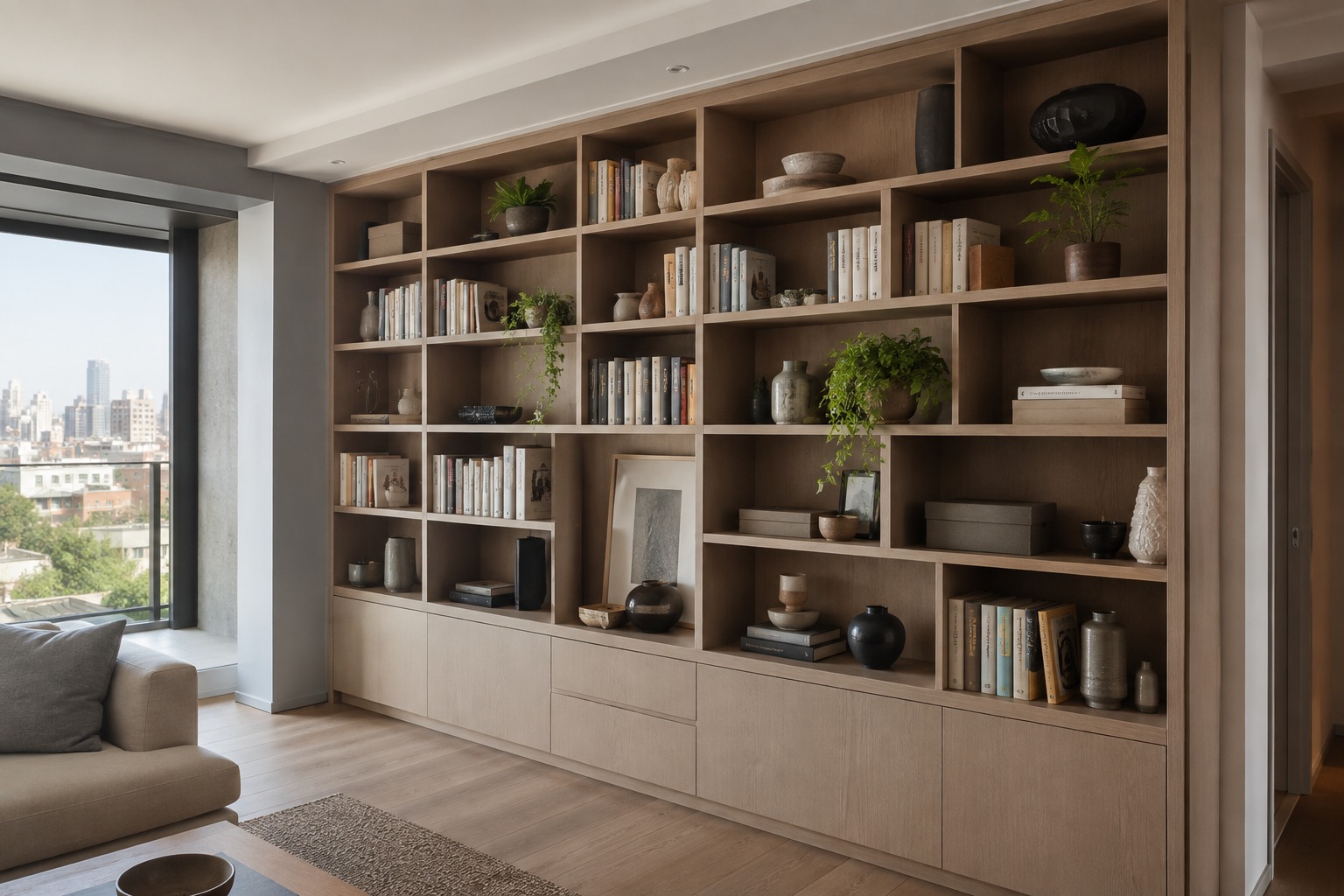 Floor To Ceiling Apartment Shelving Floor-to-ceiling shelving styled with books in a modern apartment | Sky Rye Design Floor-to-ceiling shelving styled with books in a modern apartment