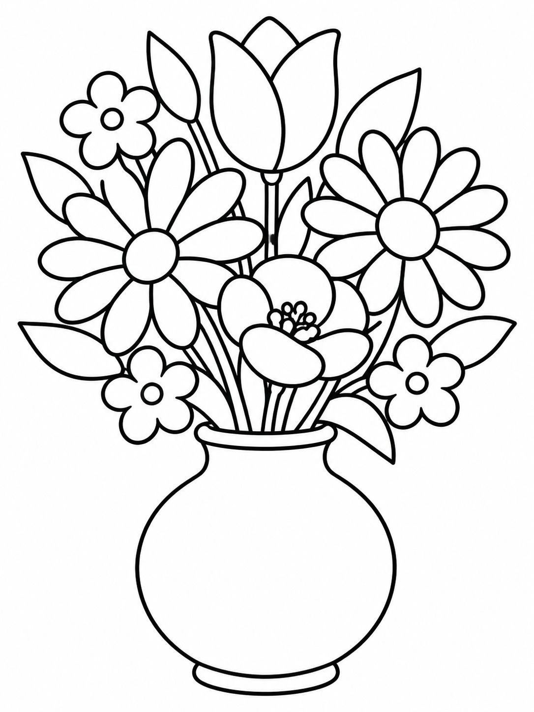 Flower bouquet vase coloring page Bouquet of simple flowers and leaves gathered in a large round vase. | Sky Rye Design Bouquet of simple flowers and leaves gathered in a large round vase.