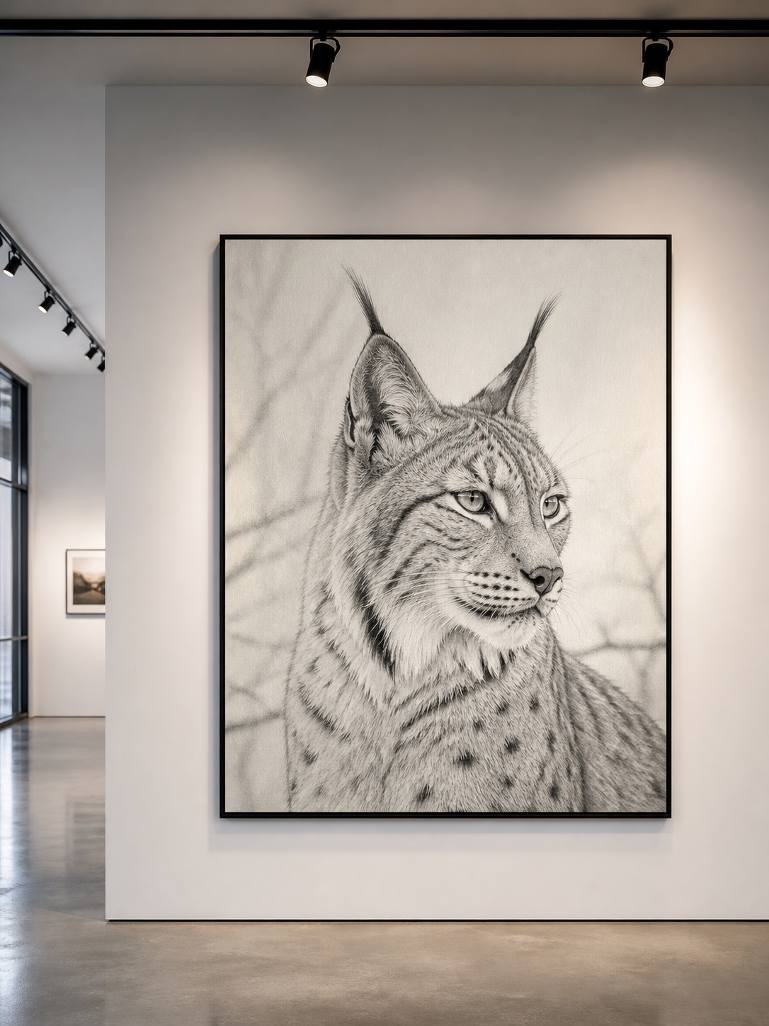 Finished lynx graphite artwork displayed in a minimal black frame on a gallery-white studio wall.