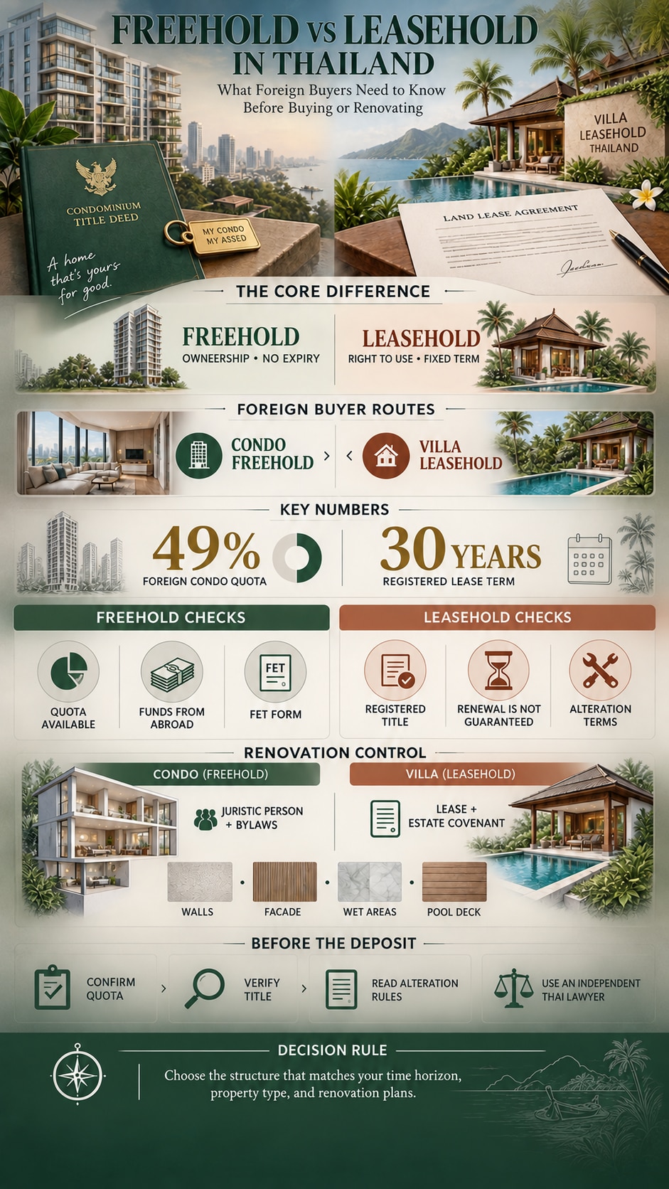 Freehold vs leasehold in Thailand infographic Editorial infographic comparing freehold and leasehold ownership in Thailand for foreign buyers | Sky Rye Design Editorial infographic comparing freehold and leasehold ownership in Thailand for foreign buyers