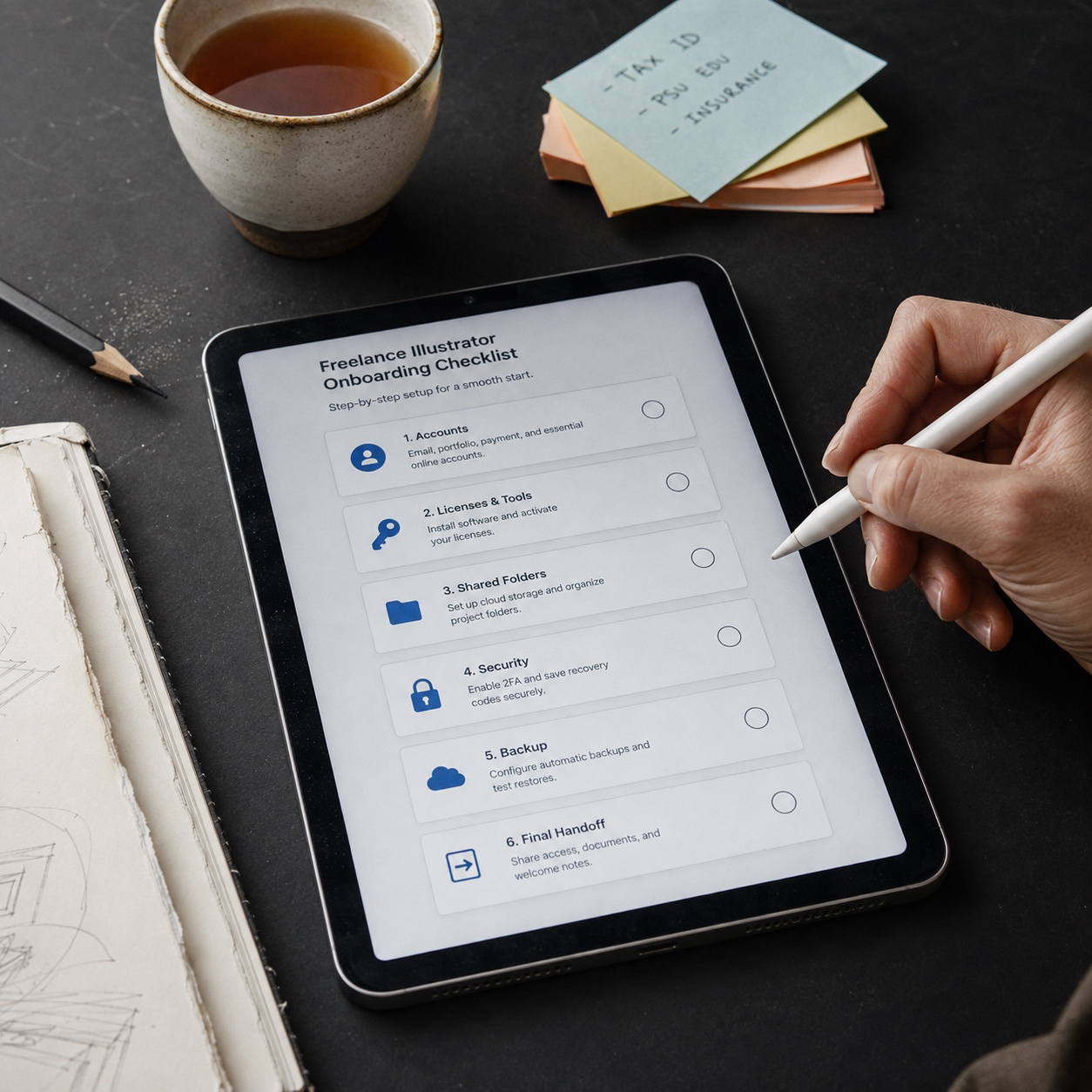 Designer using a tablet with an onboarding checklist for accounts, licenses, folders, and security.