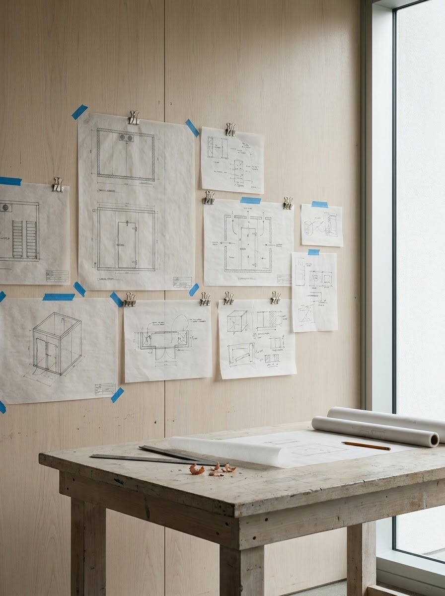 Walk-In Freezer Airflow Design Drawings Studio wall with walk-in freezer elevations and airflow diagrams | Sky Rye Design Studio wall with walk-in freezer elevations and airflow diagrams