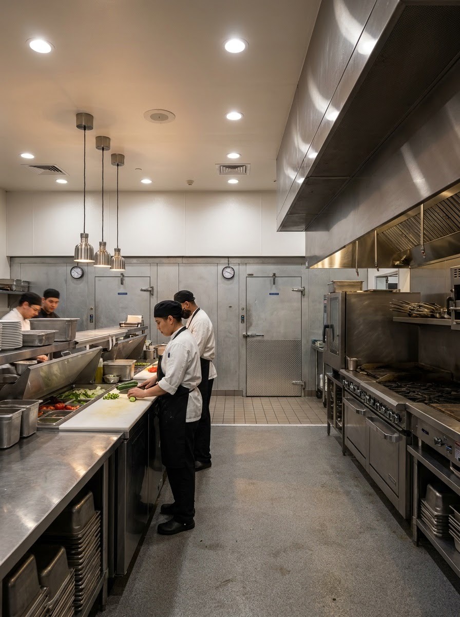 Walk-In Freezer Away From the Cook Line Commercial kitchen with a walk-in freezer separated from the hot cook line | Sky Rye Design Commercial kitchen with a walk-in freezer separated from the hot cook line
