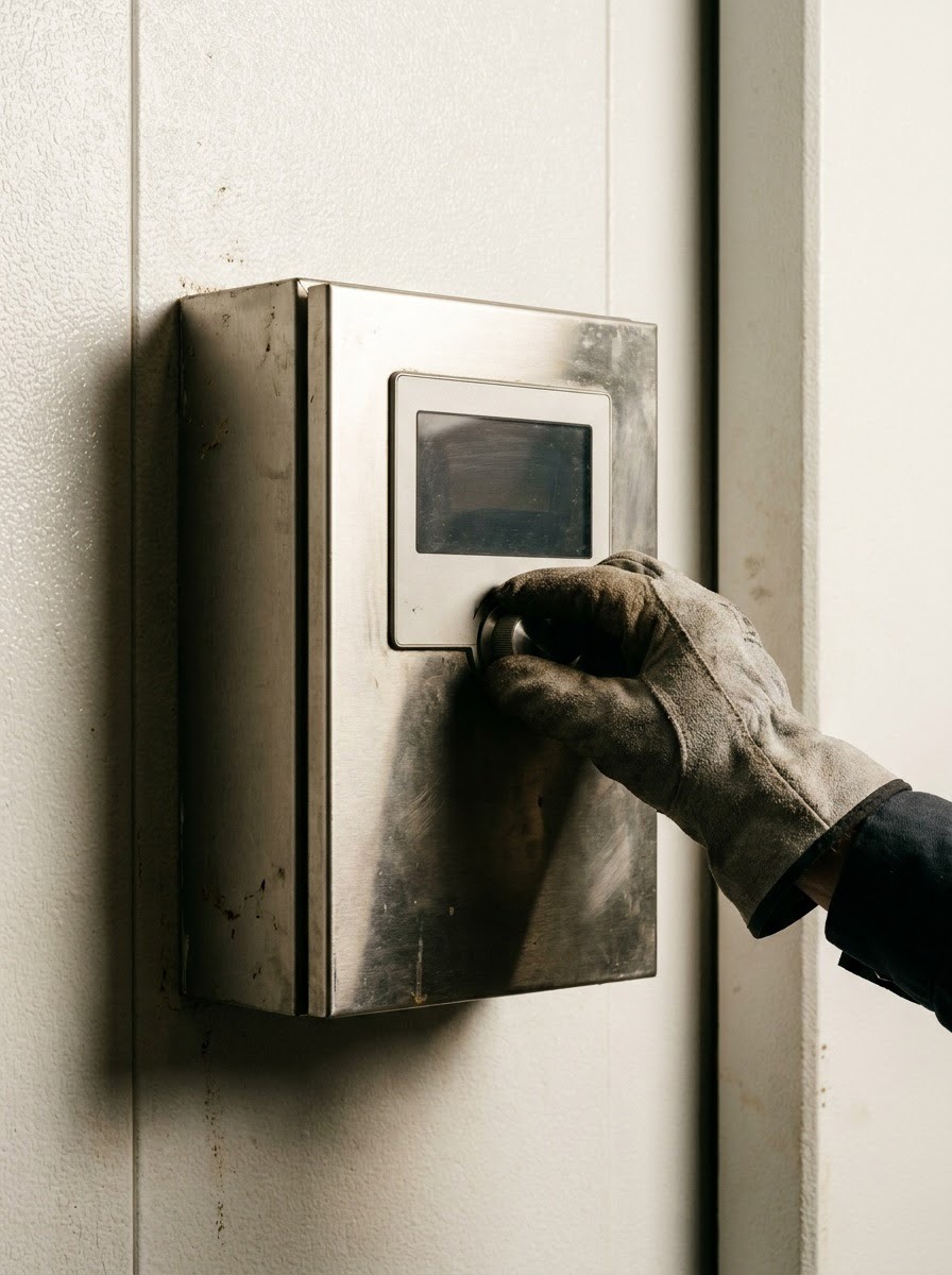 Walk-In Freezer Control Panel Clearance Technician adjusting a freezer control panel with clear access around it | Sky Rye Design Technician adjusting a freezer control panel with clear access around it