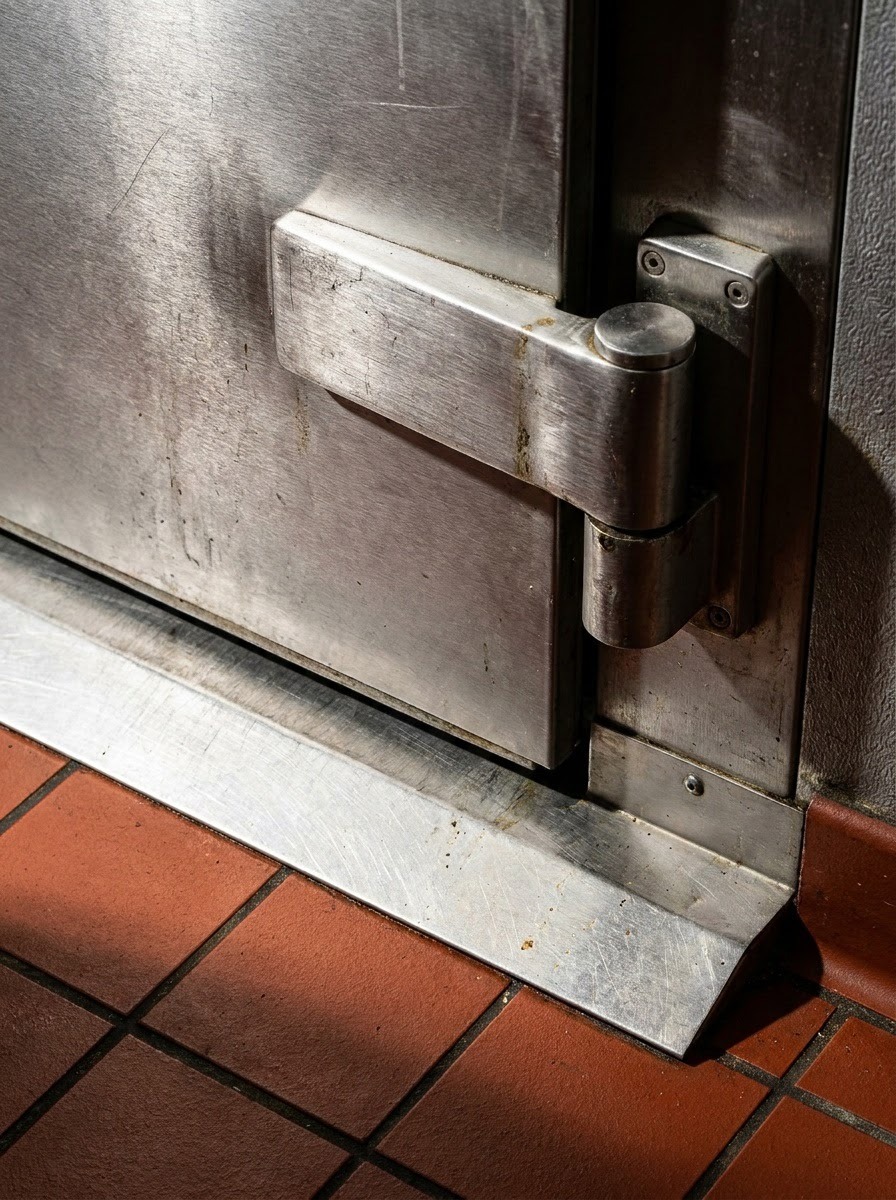Walk-In Freezer Door and Flush Threshold Close view of a stainless steel freezer door and flush floor threshold | Sky Rye Design Close view of a stainless steel freezer door and flush floor threshold