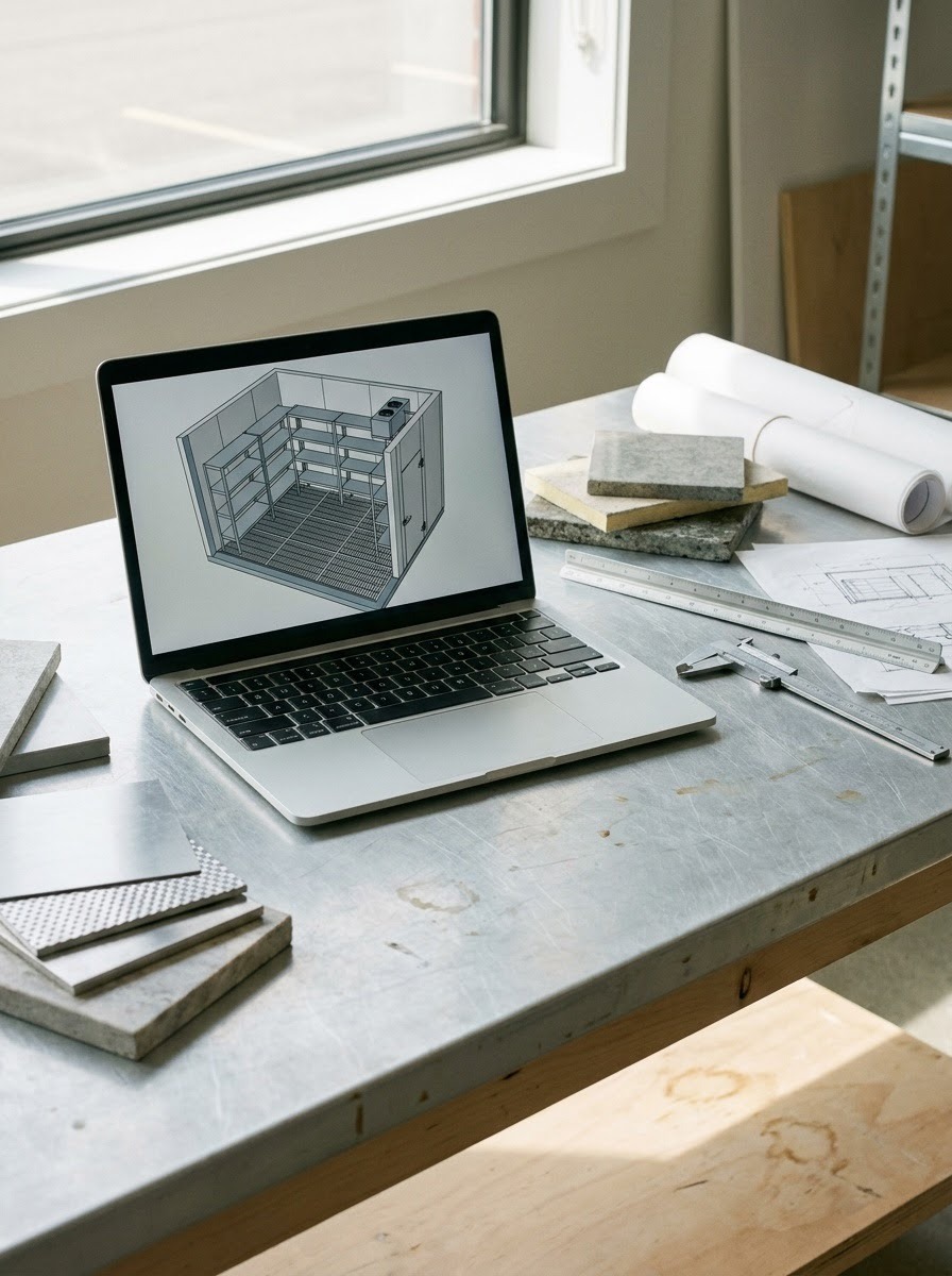 Walk-In Freezer Floor Plan in a Design Studio Designer workspace with a laptop displaying a walk-in freezer floor plan | Sky Rye Design Designer workspace with a laptop displaying a walk-in freezer floor plan