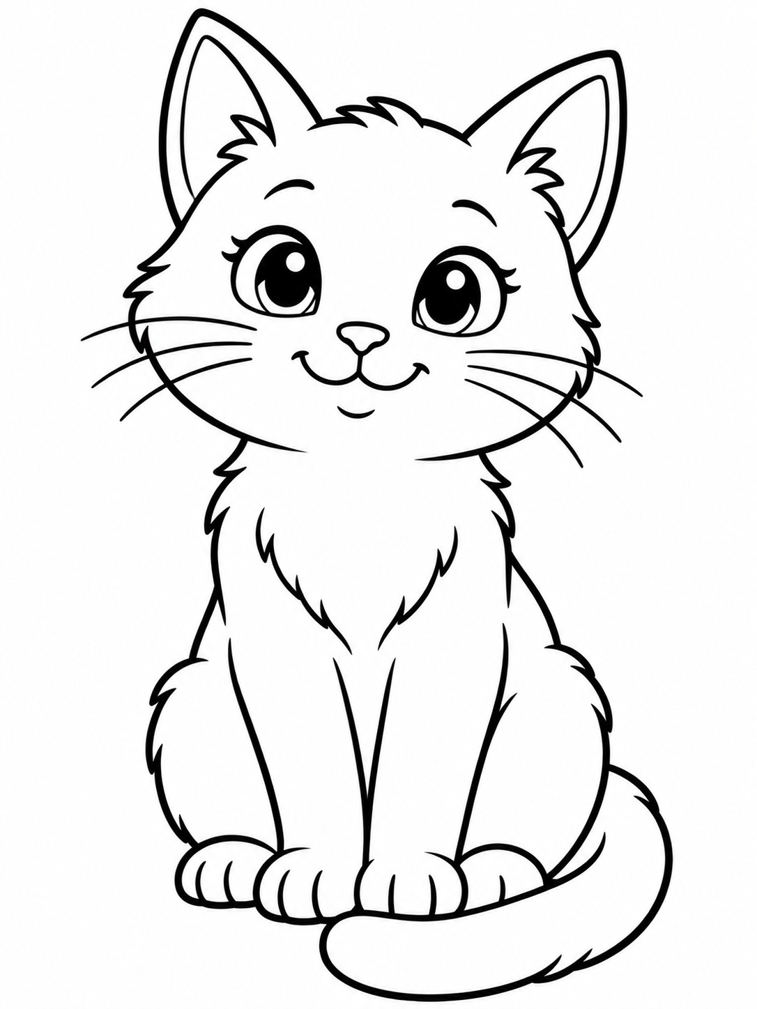 Friendly cat easy coloring page Friendly cat sitting with its tail curled around its paws in bold coloring-book outlines. | Sky Rye Design Friendly cat sitting with its tail curled around its paws in bold coloring-book outlines.