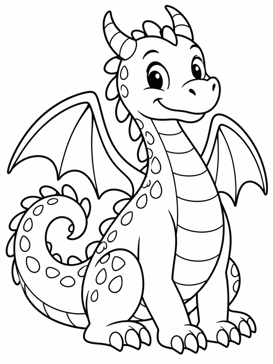 Friendly dragon coloring page Friendly cartoon dragon in a black-and-white coloring page style, sitting with wings spread and a smiling face, covered in spots. | Sky Rye Design Friendly dragon with rounded scale patches, broad wings, and a curled tail.