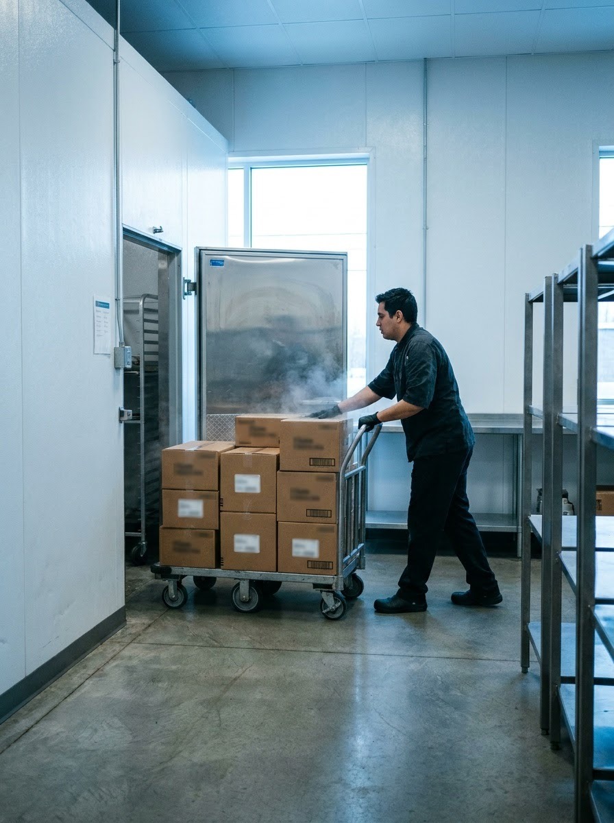 Frozen Product Delivery Route Male worker pushes a cart with boxes toward a walk-in cooler in a commercial kitchen. | Sky Rye Design Kitchen worker moving frozen product by cart toward an open walk-in freezer