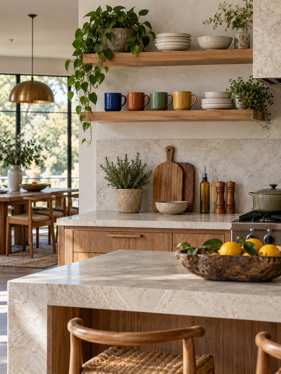 Row of saturated ceramic mugs on a floating shelf in a contemporary kitchen
