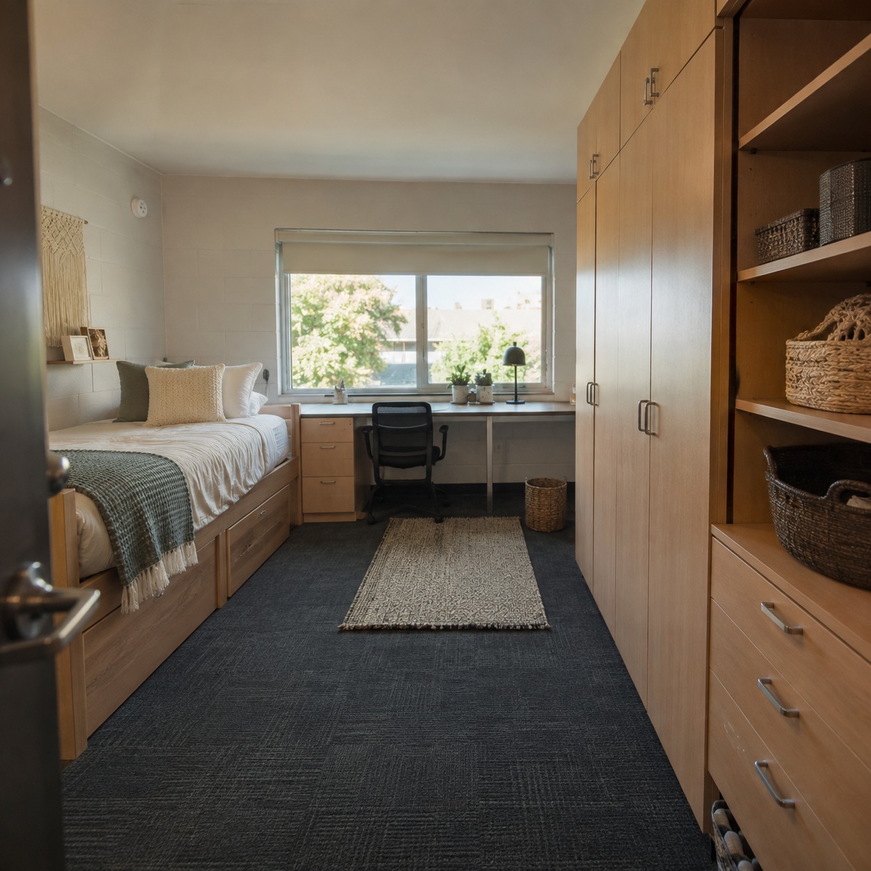 Full zoned dorm room layout from doorway Small dorm room viewed from the doorway with bed, desk, and storage wall visible. | Sky Rye Design Small dorm room viewed from the doorway with bed, desk, and storage wall visible.