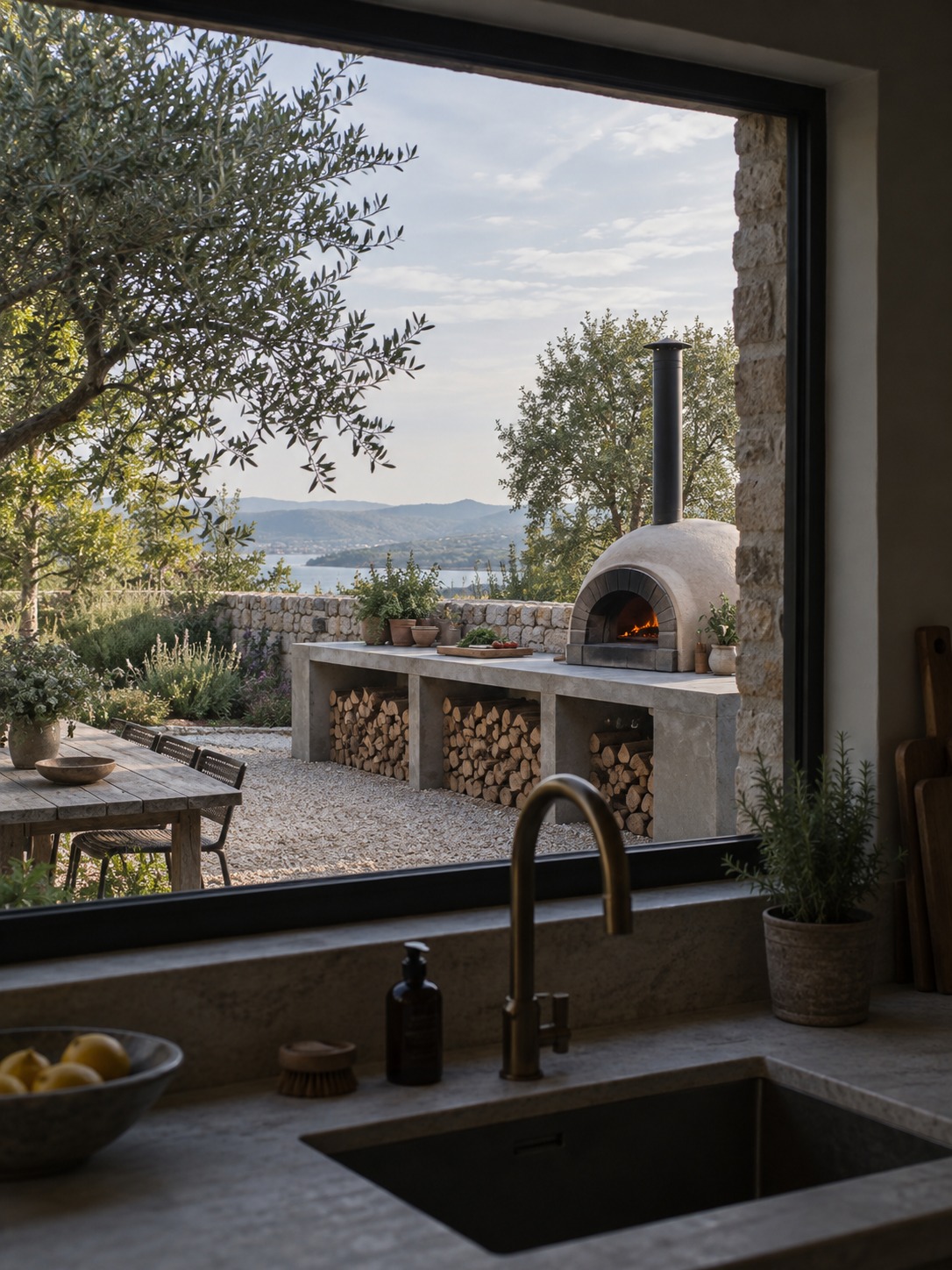 Garden pizza oven kitchen window view Garden pizza oven seen through an indoor kitchen window | Sky Rye Design Garden pizza oven seen through an indoor kitchen window