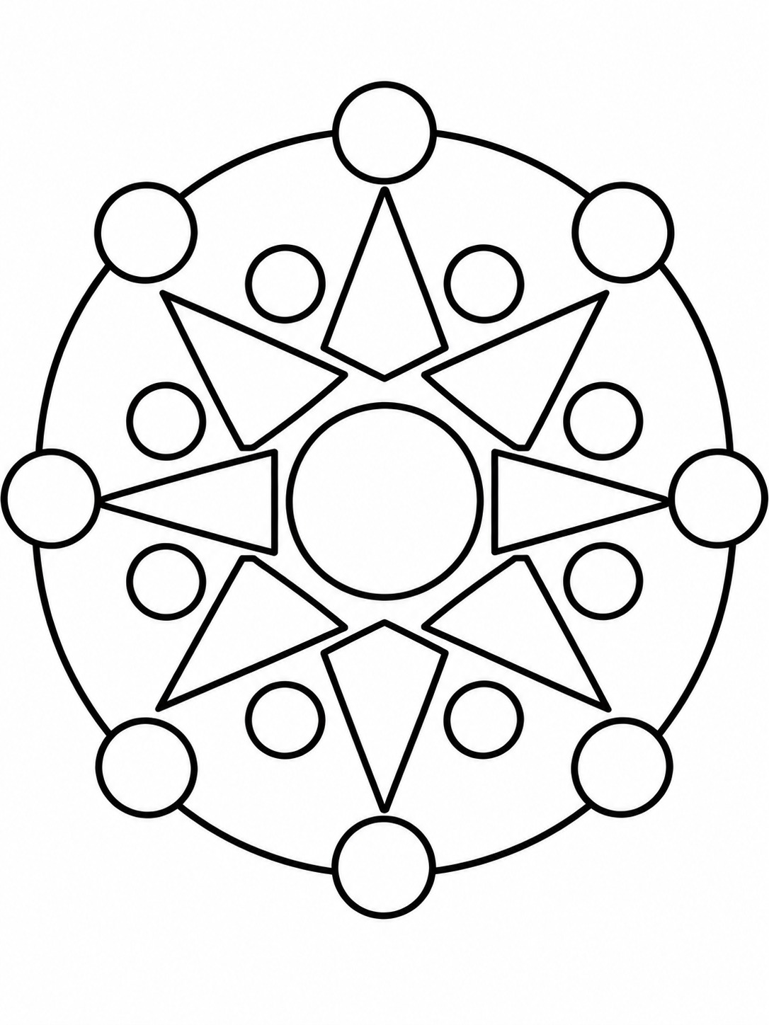 Geometric mandala coloring page Basic geometric mandala built from large triangles and circles. | Sky Rye Design Basic geometric mandala built from large triangles and circles.