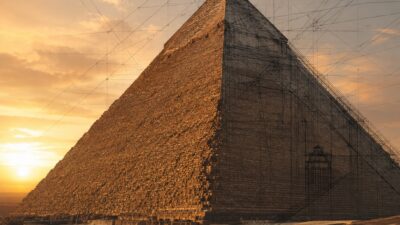 Great Pyramid of Giza blended with a technical perspective construction overlay.