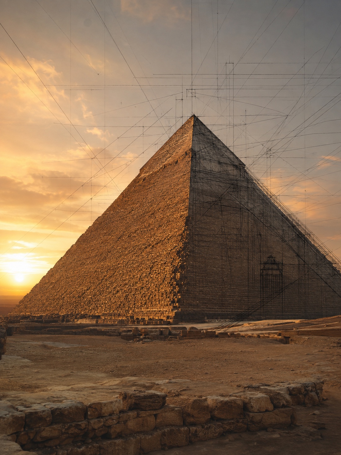 Giza Pyramid Perspective Overlay Hero Great Pyramid of Giza blended with a technical perspective construction overlay. | Sky Rye Design Great Pyramid of Giza blended with a technical perspective construction overlay.