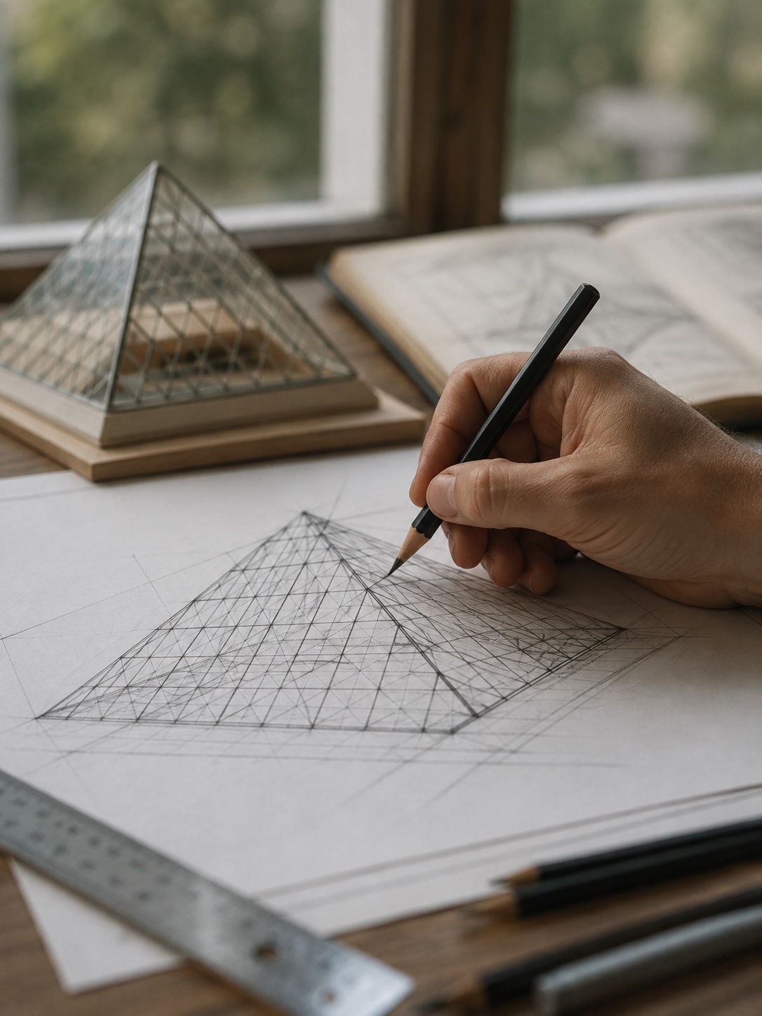 Glass Pyramid Structural Grid Sketch Hand sketching glass pyramid structural grid lines with ruler and pencil. | Sky Rye Design Hand sketching glass pyramid structural grid lines with ruler and pencil.