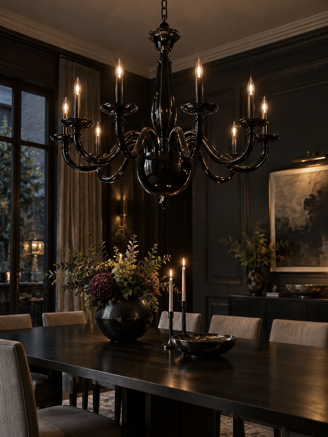 Gloss black chandelier catching accent light in a formal dining room