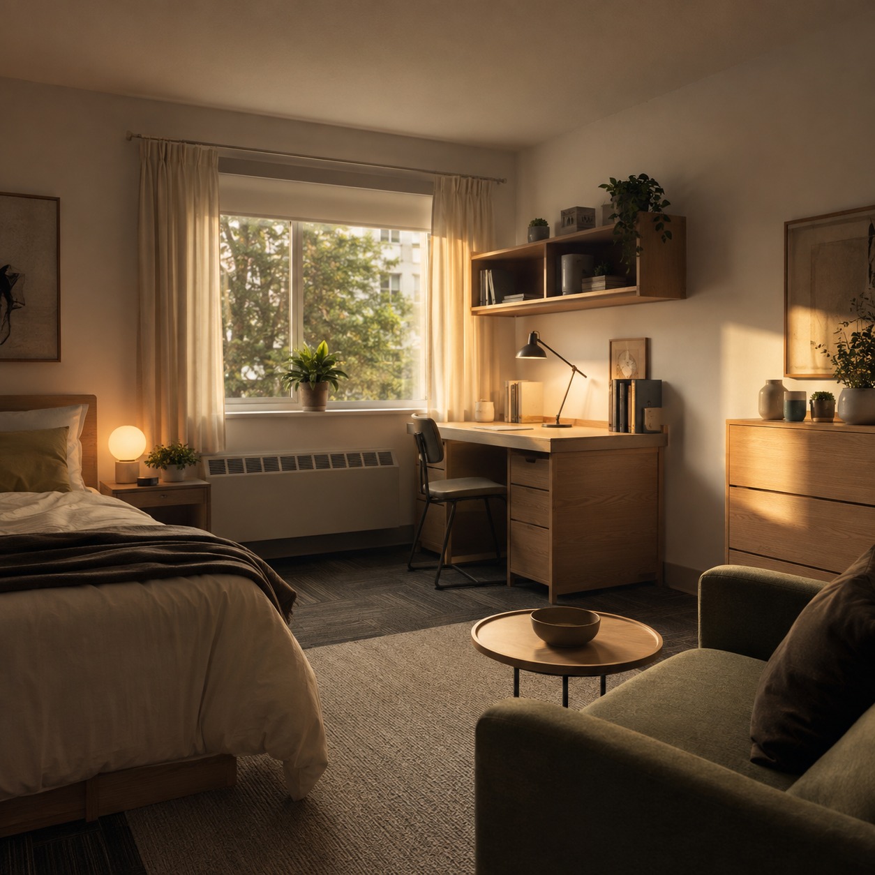 Golden hour zoned student dorm room Student dorm room with distinct sleep, study, and reset areas at golden hour. | Sky Rye Design Student dorm room with distinct sleep, study, and reset areas at golden hour.