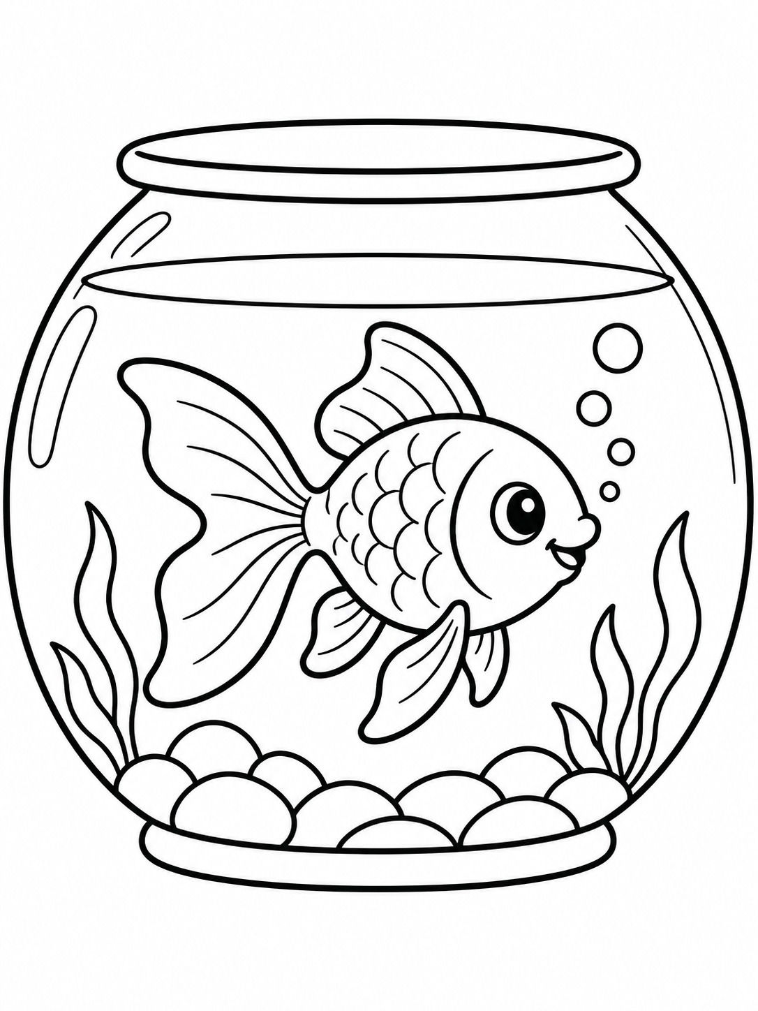 Goldfish bowl easy coloring page Goldfish swimming in a round bowl with simple plants, bubbles, and closed shapes. | Sky Rye Design Goldfish swimming in a round bowl with simple plants, bubbles, and closed shapes.
