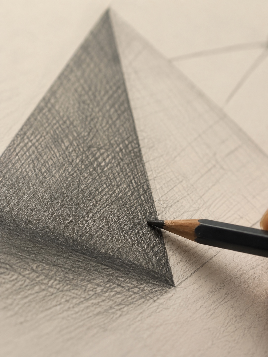 Graphite Pyramid Shadow Shading Graphite cross-hatching applied to the shadowed face of a pyramid drawing. | Sky Rye Design Graphite cross-hatching applied to the shadowed face of a pyramid drawing.