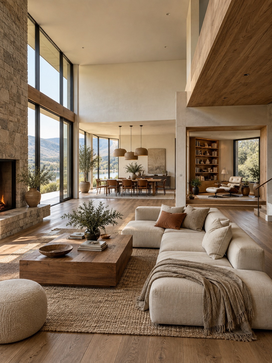 Great room with distinct lounge, dining, and reading zones linked by warm materials