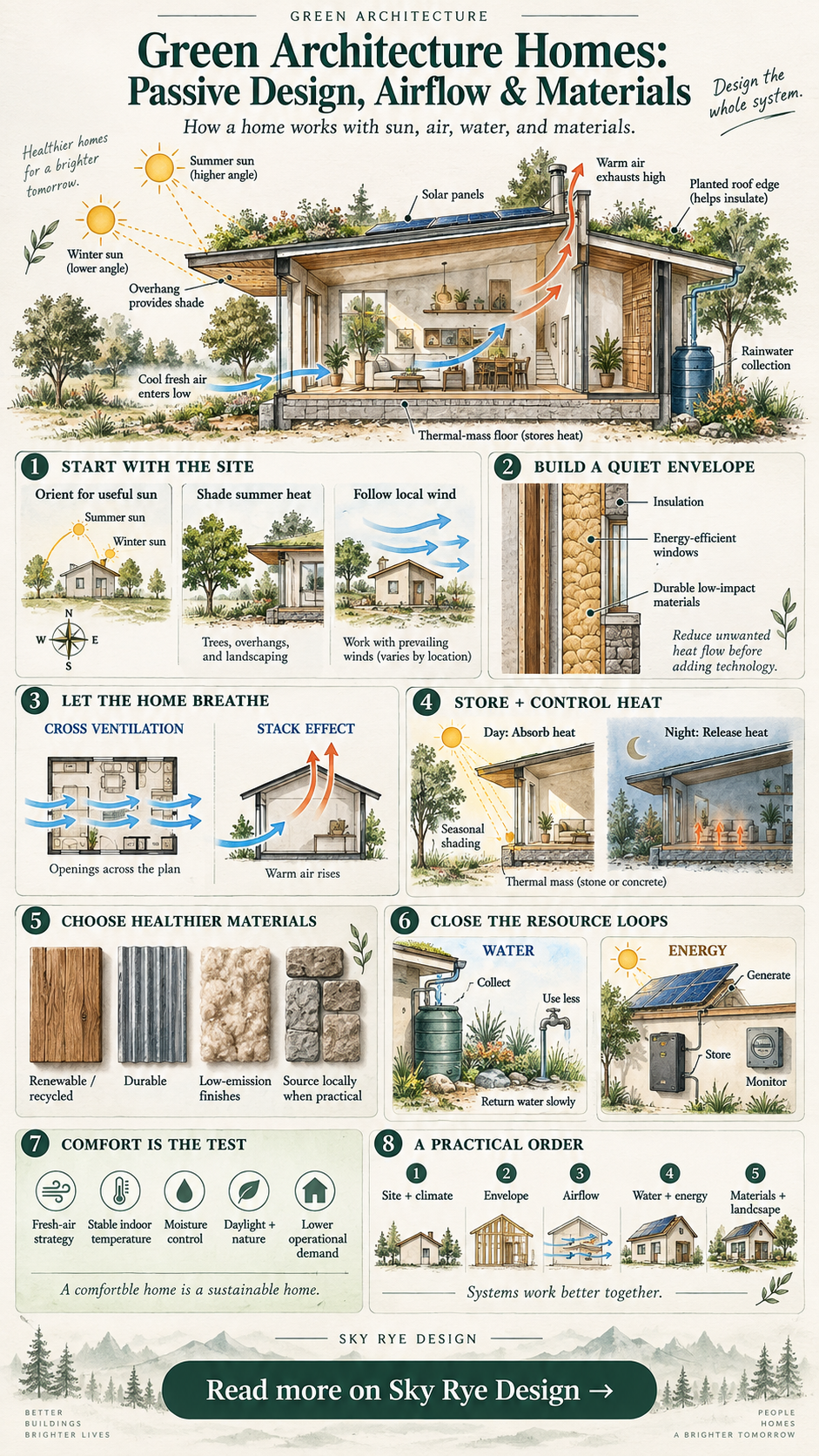 Green architecture homes infographic explaining site orientation, insulation, cross and stack ventilation, thermal mass, healthier materials, water conservation, renewable energy, and design order.