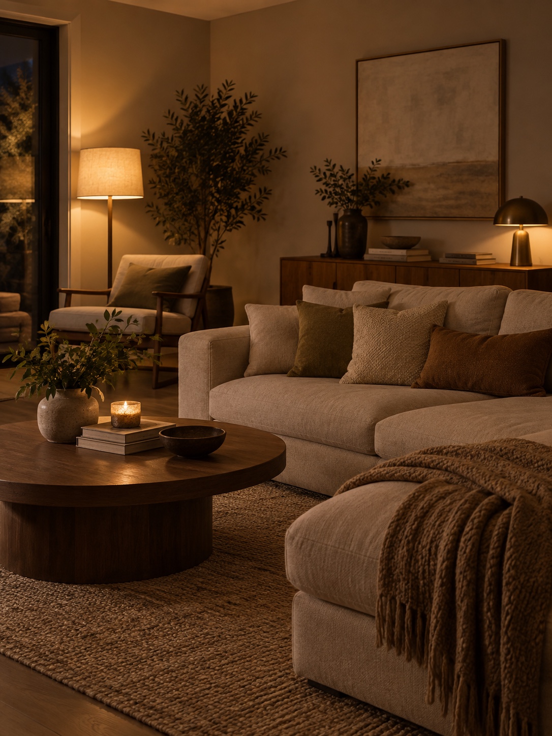Greige walls in evening light Greige living room walls seen under warm evening lamp light | Sky Rye Design Greige living room walls seen under warm evening lamp light
