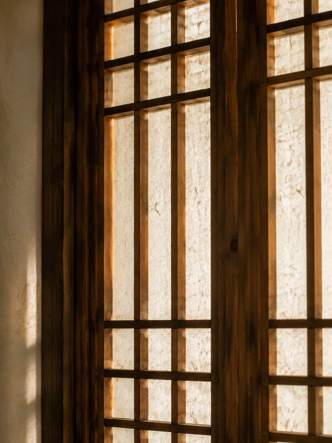 Soft light passing through hanji paper on a wooden Korean window lattice.