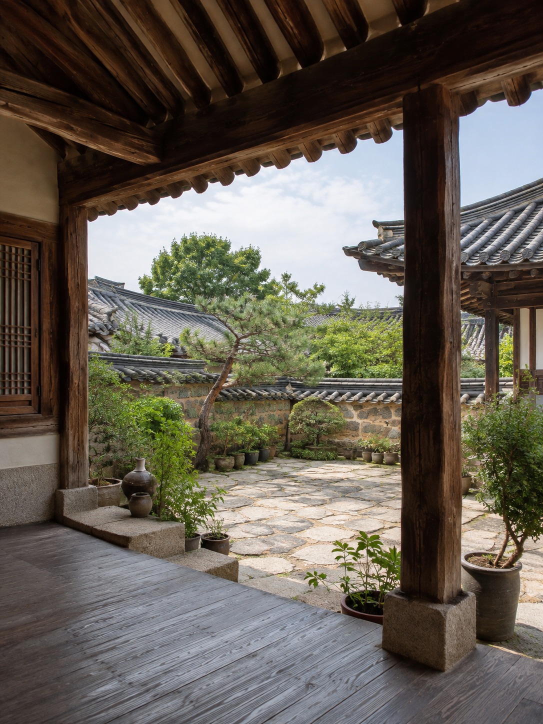 Hanok madang courtyard seen from a wooden veranda with stone paving and potted plants.